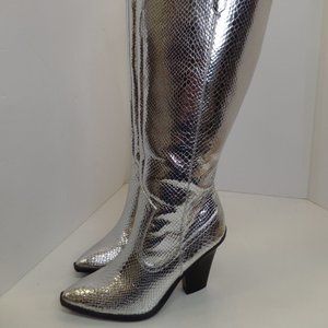 Shoedazzle Silver Animal Print Knee High Western Style Boot Bella Sz 10 4" Heel